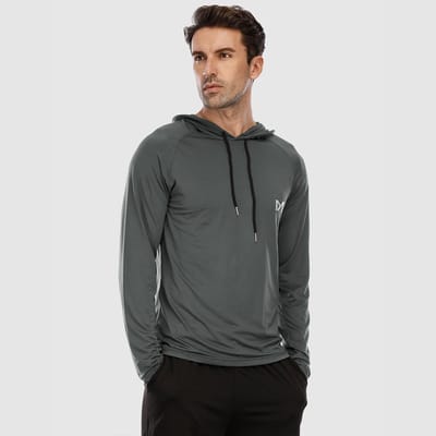 MEETYOO Heren Atletische Hooded Shirts Lange Mouw Workout Sport Hoodie Casual Hardloop T-shirt Snel Droog Pullover Top Sweatshirt-Grijs-M