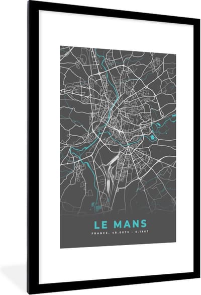 Fotolijst incl. Poster - Le Mans - Plattegrond - Kaart - Stadskaart - Frankrijk - 80x120 cm - Posterlijst