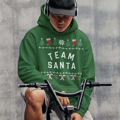 Kerst Hoodie Candy Cane - Met tekst: Team Santa - Kleur Groen - ( MAAT XS - UNISEKS FIT ) - Kerstkleding voor Dames & Heren