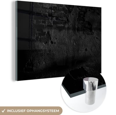 Glasschilderij - Baksteen - Muur - Cement - Zwart - Wit - 150x100 cm - Schilderij glas - Kamerdecoratie
