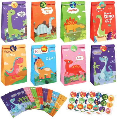 Vt products - Dinosaurus Papieren Zakken - Party Favor Bags - 24 Stuks - Traktatie/Goodie Bags - Dinosaurus Thema - Geschikt voor Kinderfeestjes - Set