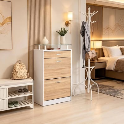 HAUSS SPOLE Schoenenkast - Met 2 Klepdeuren En Glasplank - Voor Hal En Kleedruimte - Spaanplaat In Wit En Lichte Eik - 60x24x105,5 Cm