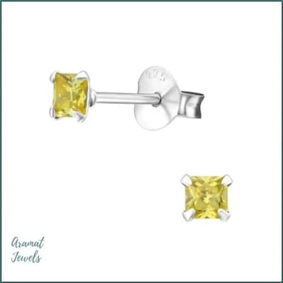 Aramat Jewels | Oorbellen | 925 Zilveren Vierkante Zirkonia Oorbellen 4-8mm - Princess Cut Studs | 3mm / Geel | | | Zilver | Kinderen, Volwassenen | Verkleurd niet