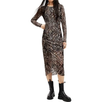 AllSaints Nora Waimea Ls Dress Black Maat: 2 | Midi Jurken Outlet | Dames | Zwart