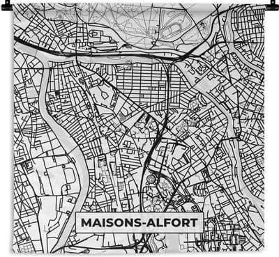 Wandkleed - Wanddoek - Stadskaart - Frankrijk - Maisons-Alfort - Kaart - Plattegrond - Zwart wit - 180x180 cm - Wandtapijt