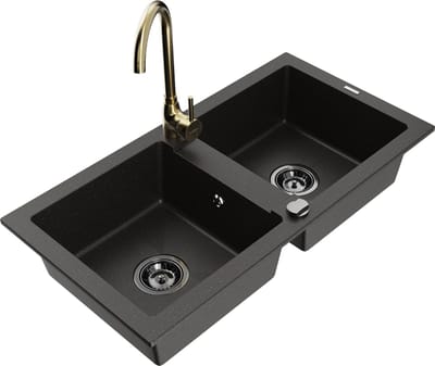Mexen Mario granieten spoelbak 2-kamer met keukenmengkraan Telma, zwart/goud - 6504-75-670200-50-B