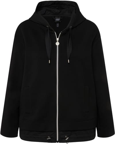 Ulla Popken - Dames - Jack met capuchon strikbandje dubbele zoom - Zwart - Maat 42+