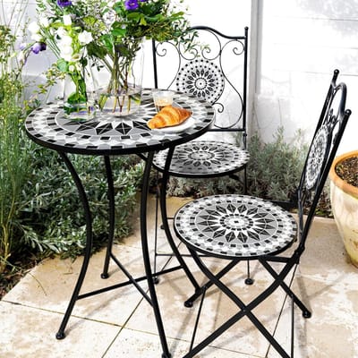 Bistroset 3-delig 60 x 60 x 75 cm – Mozaïek Balkonset met Tafel en 2 Klapstoelen – Klassieke Tuinset Weerbestendig Metaal zwart wit – Urbanhome