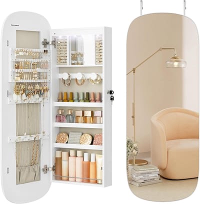 Hoppa! Sieradenkast - Wit - Hardware-Fittingen, MDF, Fluwelen Stof, Glas - 108 x 42 x 10 cm (B x D x H)
