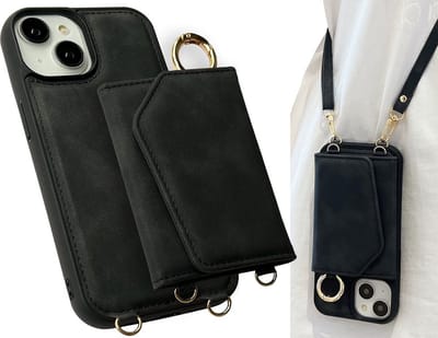 CaseMania Backcase hoesje geschikt voor iPhone 14 - Effen Zwart - Kunstleer - met Nekkoord, Wallet en Spiegeltje