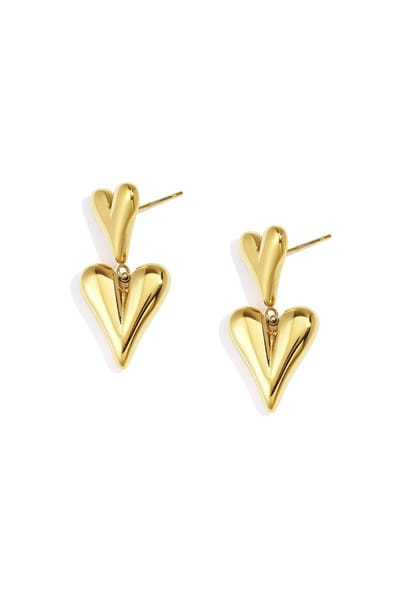 Gouden Hartjes Oorbellen - Dames oorknopjes - Dubbele Hangers - Stevig Hart - Goudkleurig - Statement Oorbellen - Cadeau voor Haar