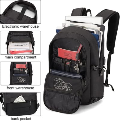 Famanu - Laptoprugzak voor heren, waterdichte antidiefstalrugzak voor school, universiteit, met USB-oplaadpoort en slot, 14/15,6 inch laptoptas voor dames, jongens, vrijetijdswerk, reisrugzak, zwart