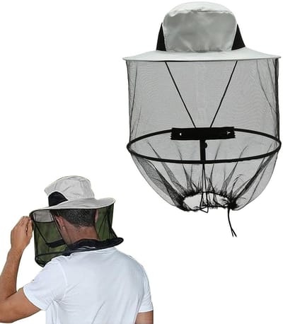 Hoofdkap met Vliegennet voor Buitenactiviteiten, Ideaal voor Kamperen, Tuinieren en Vissen, Bescherming tegen Muggen en Insecten (Grijs)