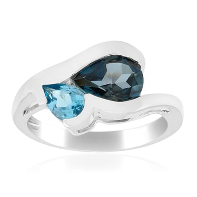 Cavill - Luxe Ring 925 Sterling Zilver met Palladium - 1,012 ct Peervormige Londen Blauwe & 0,425 ct Zwitserse Topaas - Elegant