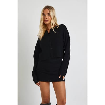 boohoo Dames Getextureerde gebreide knop-door gebreide cardigan en mini-rok co-ord | Black | Maat: Small