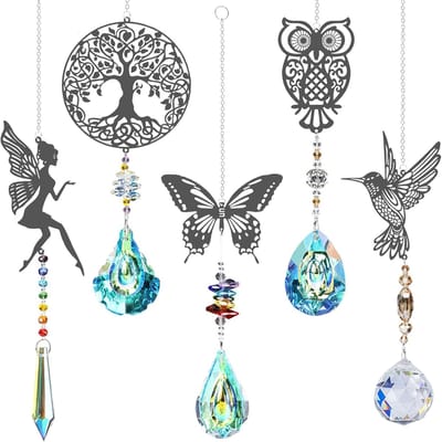Zonnevanger, kristallen windgong ,5 stuks boom, uilen, kolibrie, vlinder, feeënhanger, regenboog, kristal, raamdecoratie, hangend voor thuis, kantoor, tuin, outdoor decoratie