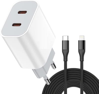 Snellader Adapter + 3 Meter Nylon USB C Kabel geschikt voor Apple iPad, iPhone - USB C Lader - 2 Poorten USB-C