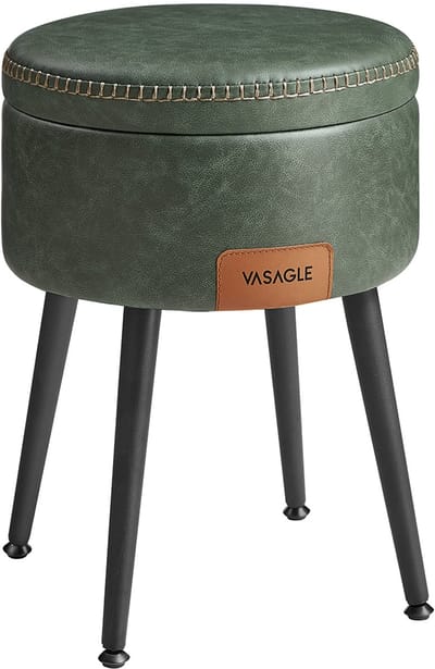 Furnstar EKHO Opbergpoef – Kruk voor Kaptafel of Voetenbank – Rond met Opbergruimte – PU met Stiknaden – Mid-Century Modern – Groen