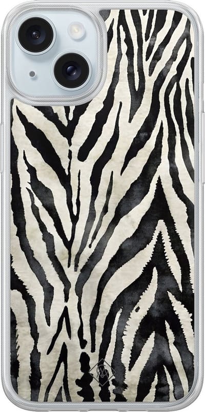 Casimoda® hoesje - Geschikt voor iPhone 13 - Zebra Safari - 2-in-1 case - Schokbestendig - Illustratie - Verhoogde randen - Zwart, Transparant
