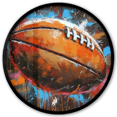 Poster in lijst Rond - Fotolijst 40x40 cm - Posters - Graffiti - Rugby - Kleurrijk - Rugbybal - Ronde posterlijst zwart - Decoratie - Wanddecoratie woonkamer - Muurdecoratie slaapkamer
