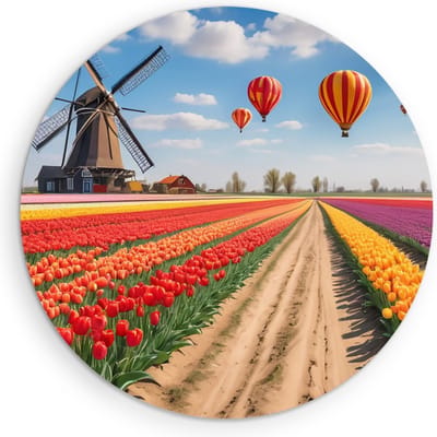 Saammp Muurcirkel Hout - Landschap - Luchtballonnen boven een tulpenveld met een molen - Natuur - Ø 90 - Wandcirkel - Wanddecoratie Cirkel - Muurdecoratie Woonkamer - Slaapkamer decoratie - Rond Schilderij