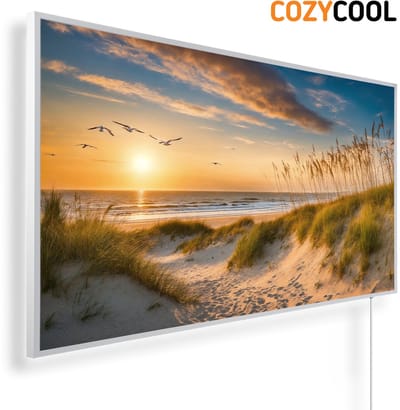 Infraroodpaneel met afbeelding | Zonsondergang bij zee met duinen en meeuwen | 1200 Watt | Witte lijst | Infrarood verwarmingspaneel | Infrarood paneel | Infrarood verwarming