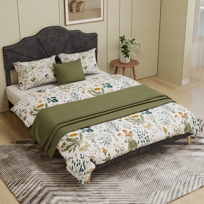 MODENUIT Gestoffeerd bed 160x200 cm – Geometrisch hoofdbord met siernagels – Lattenbodem – Zonder matras – Metaal en stof – Grijs