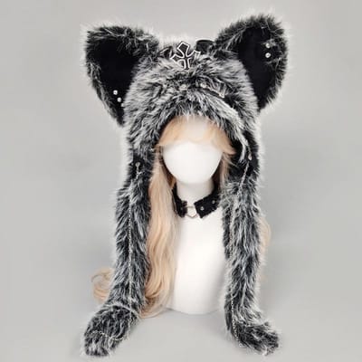 Donkere Gotische Pluche Hoed Y2K Metaalstijl Cosplay Hoofddeksel Handwerk Kattenoor Hoed Dames Heren Halloween Punk Rock Warme Pet One Size gray