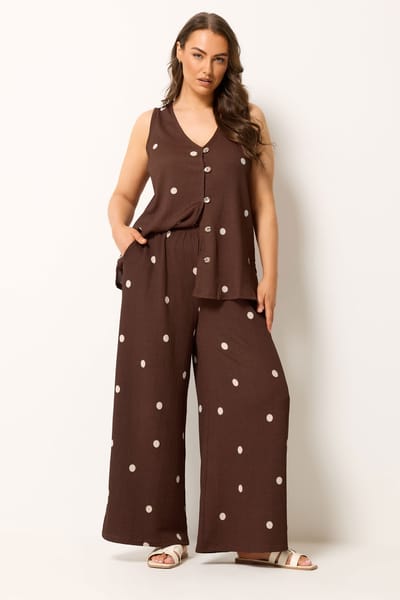 Yours Chocoladebruine Broek Met Stippen En Kreukeleffect Size Regular > 42