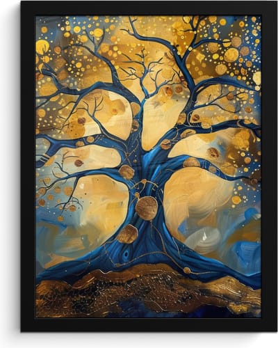 Poster in lijst - Fotolijst 30x40 cm - Posters - Boom - Levensboom - Blauw - Goud - Posterlijst zwart - Decoratie - Wanddecoratie woonkamer - Muurdecoratie slaapkamer