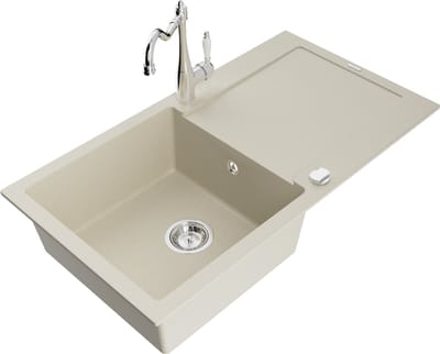 Mexen Leo granieten spoelbak met 1 bak, afdruiprek en Carla keukenkraan, beige - 6501-69-670700-00