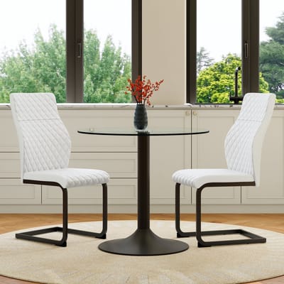 MIVRAY Eethoek Set 85 cm - Ronde Glazen Tafel Met 2 Eetkamerstoelen - Voor Kleine Eethoek En Bar - Metaal Wit