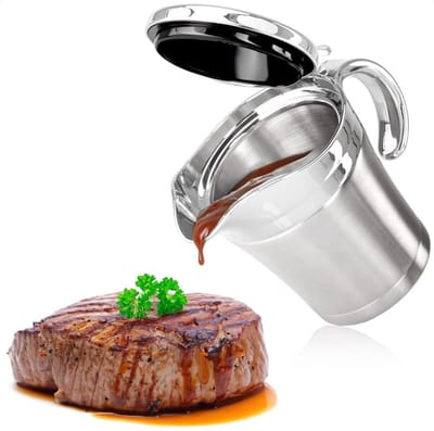 GELLDG Geïsoleerde sausfles - 450 ml - Roestvrijstalen sausfles - met scharnierend deksel en handvat - Geïsoleerde sauscontainer - Houdt eten warm of koud - Zilver