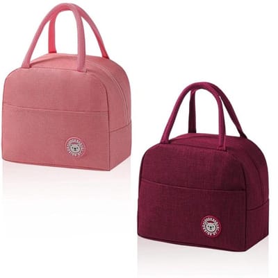 Dailygoods- Lunchtas 2 Stuks - Koeltas Mini - Wijnrood/Roze - Praktische Hengsels - Zijvakken - Voor Kantoor/School