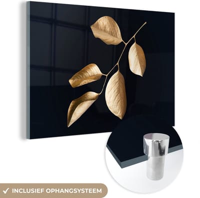 MuchoWow® Glasschilderij 150x100 cm - Schilderij acrylglas - Bladeren - Tak - Goud - Luxe - Foto op glas - Schilderijen