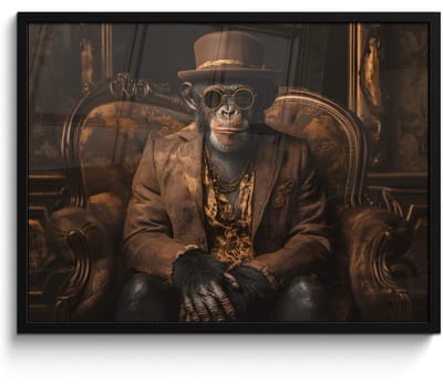 Poster in lijst - Fotolijst 70x50 cm - Posters - Chimpansee - Stoel - Pak - Bruin - Posterlijst zwart - Decoratie - Wanddecoratie woonkamer - Muurdecoratie slaapkamer