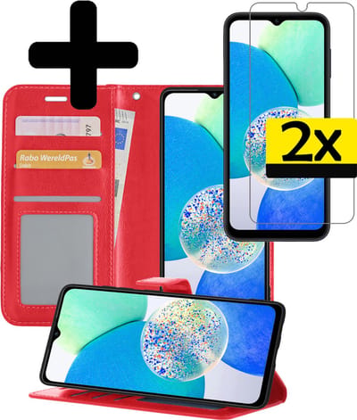Hoesje - Met 2x Screenprotector - Geschikt voor Samsung Galaxy A14 - Luxe Pasjeshouder - Bookcase Portemonee - Flip Case - Kunstleer Book Case - Flipcase Hoes - Book Cover - Walletcase - Portemonneehoes - Telefoonhoesjes - Rood