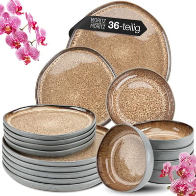 Moritz & Moritz ORGANIC Serviesset 6 Persoons - 36-delig Servies Set met Dinerbord, Dessertbord, Soepbord en Ontbijtkom - Beige