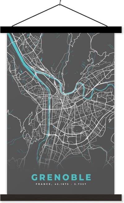 Posterhanger incl. Poster 40x60 cm - Schoolplaat - Grenoble - Frankrijk - Plattegrond - Kaart - Stadskaart - Textielposter - Zwarte latten - Stadskaart