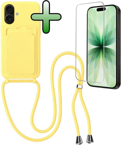 Hoes Geschikt voor iPhone 17 Hoesje Pas Houder Case Hoes Met Koord Met Screenprotector - Hoesje Geschikt voor iPhone 17 Hoes Met Telefoonkoord Pasjeshouder Cover - Geel
