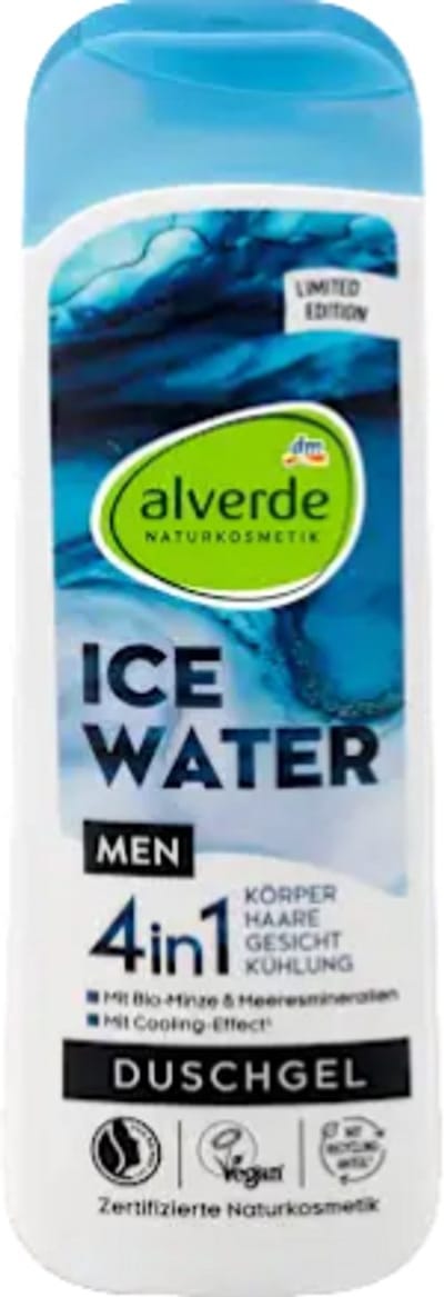 Alverde Men 4in1 Douchegel - Ice Water | 1x 250ml - Biologische Munt & Zeemineralen | Gezicht, Haar, Lichaam & Koelingseffect