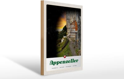 Holzschild Reise 30x40cm Appenzeller Gebirge Gebäude Schweiz