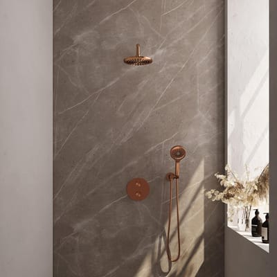 Brauer Copper Edition thermostatische inbouw regendouche 3-weg rond SET 81 met 20 cm douchekop en gebogen muurarm en 3-standen handdouche en doucheslang en wandaansluitbocht koper geborsteld PVD