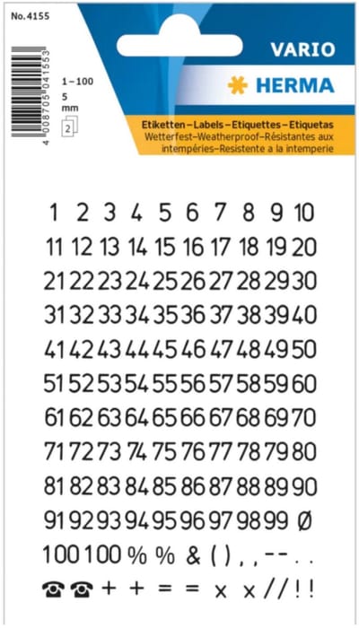 Herma Stickervel nummers - cijfers / getallen - 1 t/m 100 - 12x vellen - zwart - 5 mm - watervast