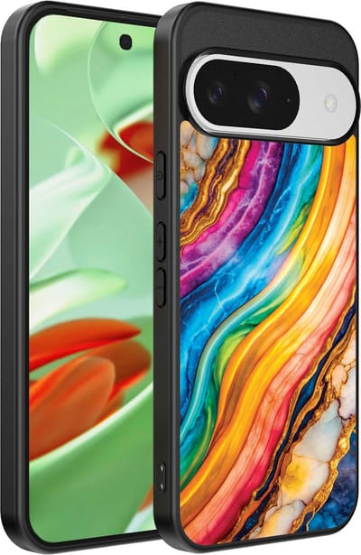 Geschikt voor Google Pixel 9 Pro Telefoonhoesje met Regenboog Goud Marmer Opdruk - TPU Backcover Case Rainbow Gold Marble Design - Smartphonica geschikt voor Google Pixel 9 Pro