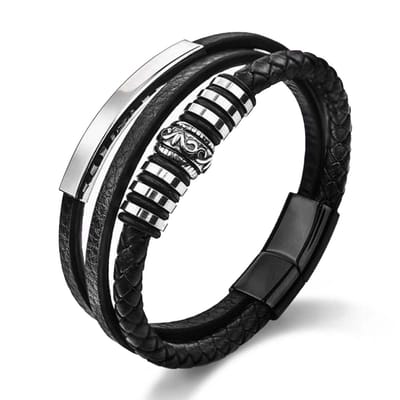 Victorious Zwart Leren Armband Heren – Zwart Leer en Roestvrij Staal – Zwart – 18.5cm