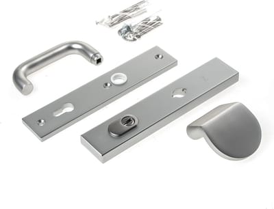 Veiligheidsgarnituur, D4E, alum., rechthoekig, duwer/kruk, met kerntrekbeveiliging, PC92, deurdikte 40-54mm