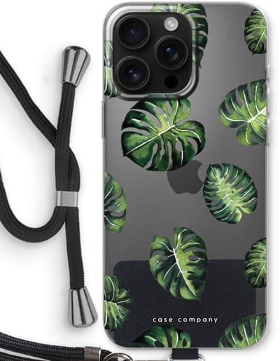 Case Company® - Hoesje met koord geschikt voor iPhone 16 Pro Max hoesje met Koord - Tropische bladeren - Telefoonhoesje met Zwart Koord - Bescherming aan alle Kanten en Over de Schermrand