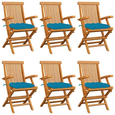 vidaXL - Klapstoelen - met - lichtblauwe - kussens, - 6 - stuks, - massief - teakhout