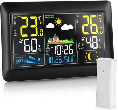 Weerstation met Buitensensor - Weerstation Draadloos - Binnen en Buiten - 7.5 Inch Kleurendisplay - 15 cm - Zwart